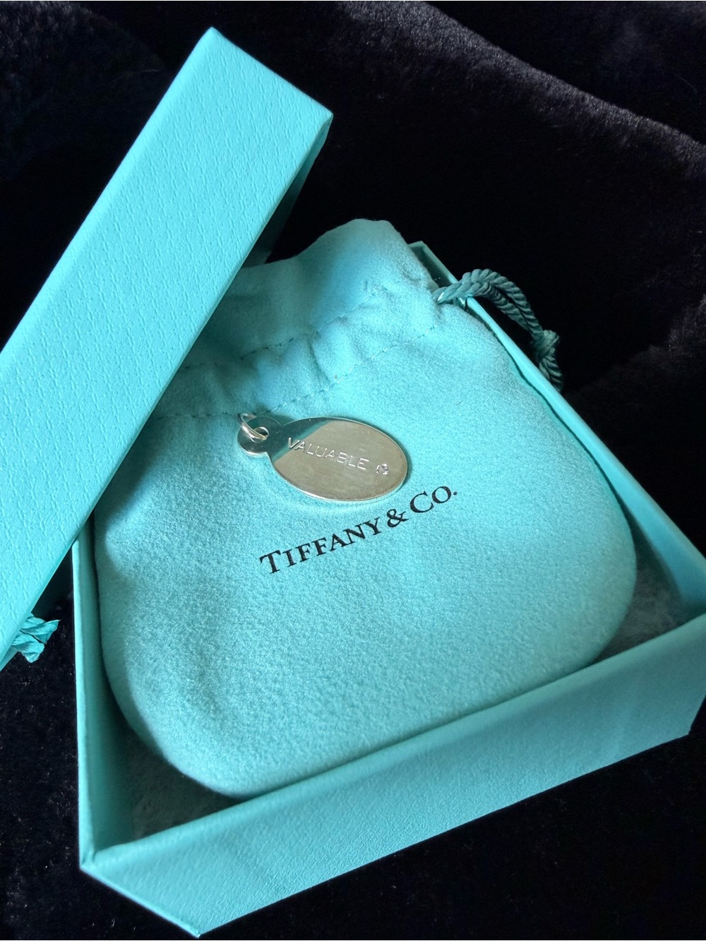 Tiffany & Co. “VALUABLE” Diamond Oval Tag Charm with Tiffany Blue Pouch and Box